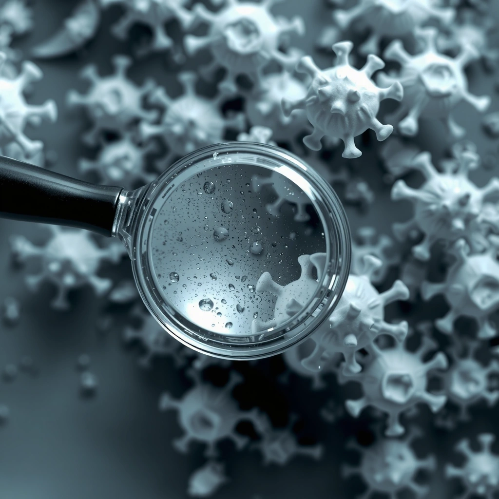 A magnifying glass over a microscopic view of germs, symbolizing deep cleaning and disinfection.