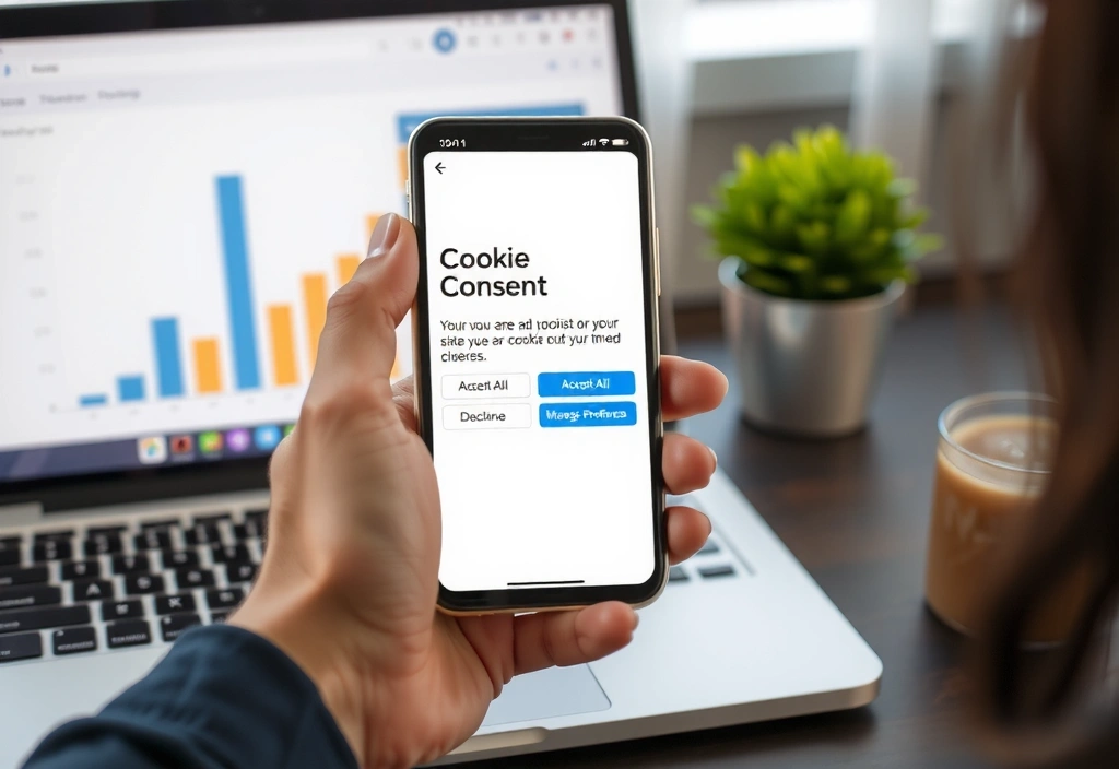A hand holding a smartphone displaying cookie consent options, with a laptop in the background showing website analytics.