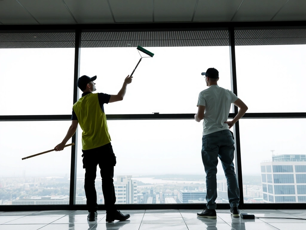 Team members cleaning windows