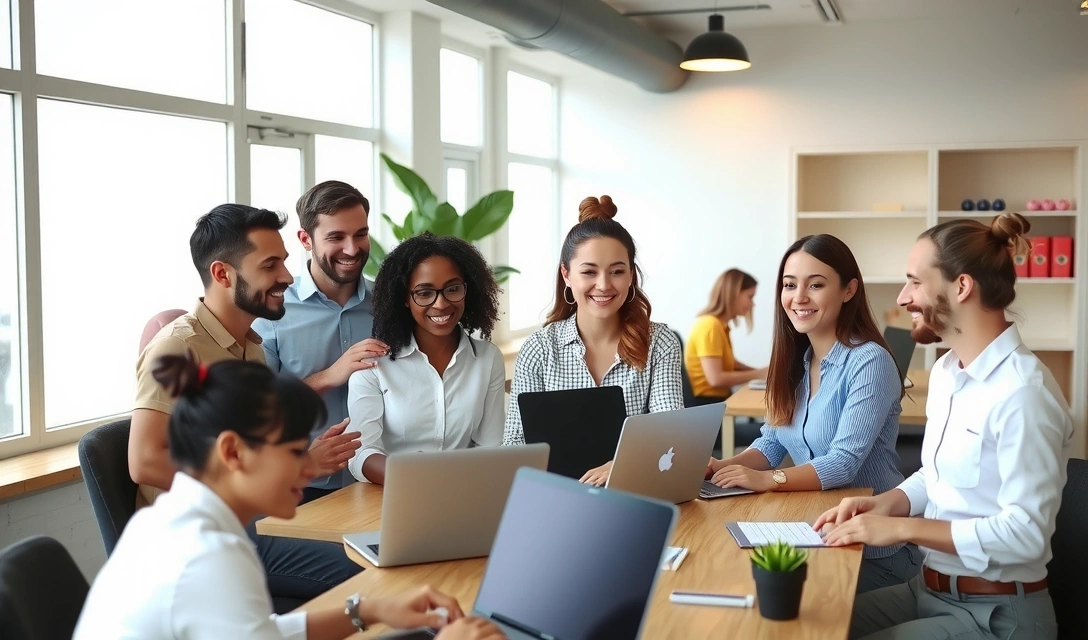 Smiling employees working in a clean and bright office environment