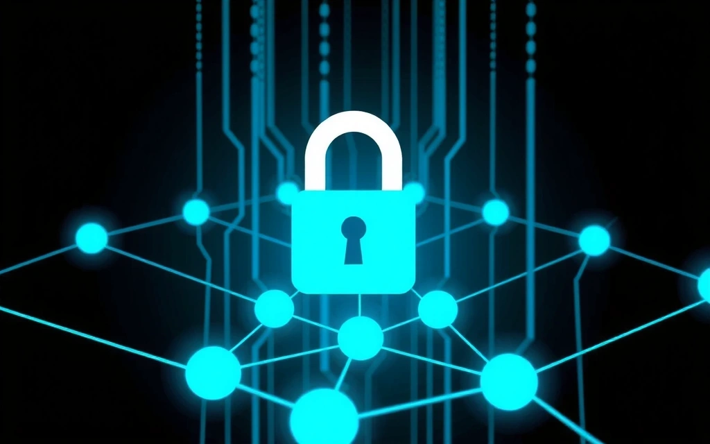Digital lock icon over a network of interconnected nodes, representing data security measures.