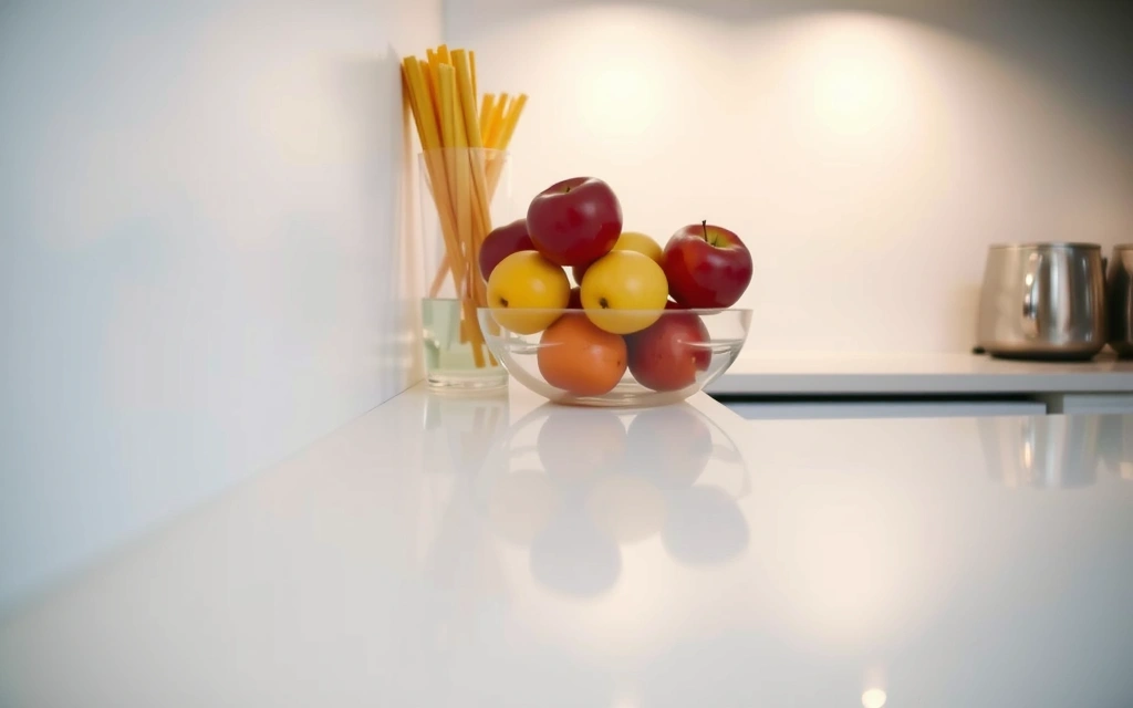 A sparkling clean kitchen countertop after a deep cleaning service, reflecting light.