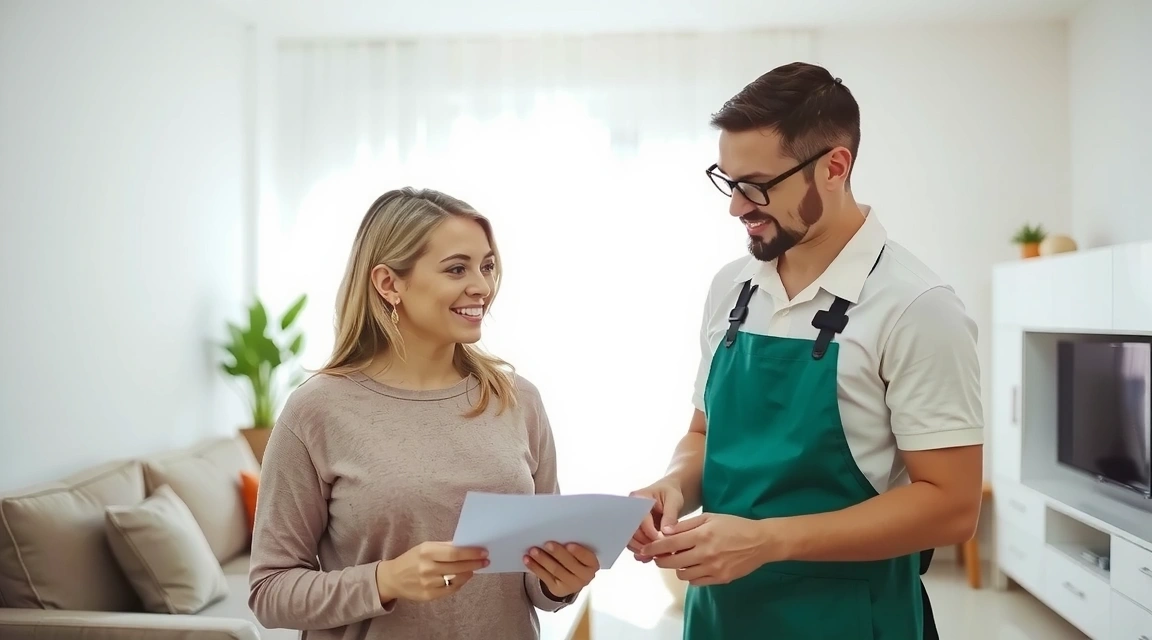 A professional cleaner consulting with a homeowner in a neat living room.