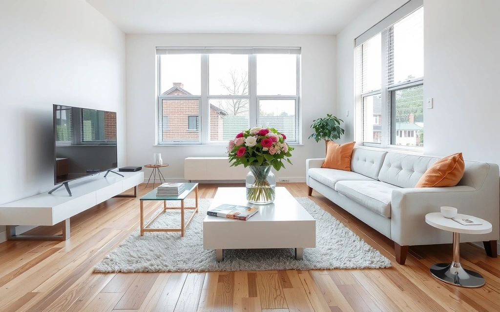 A perfectly clean and tidy living room with modern furniture and natural light, showcasing the results of professional home cleaning.