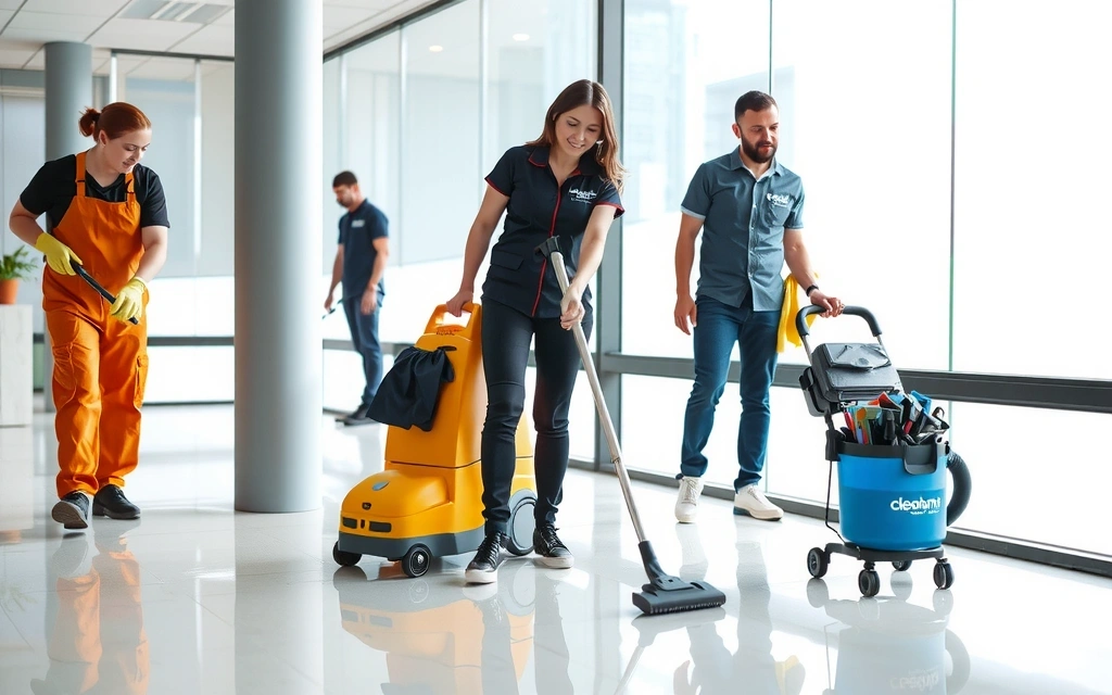 Professional cleaning team at work in a modern office