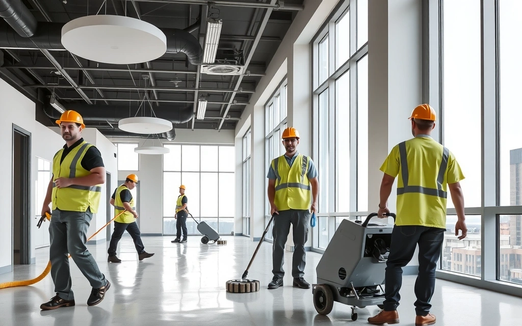 Post-construction cleaning crew in a large commercial space