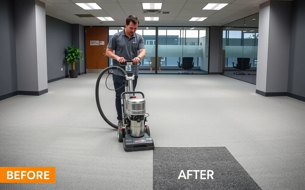 Professional using specialized equipment for deep carpet cleaning in a modern office