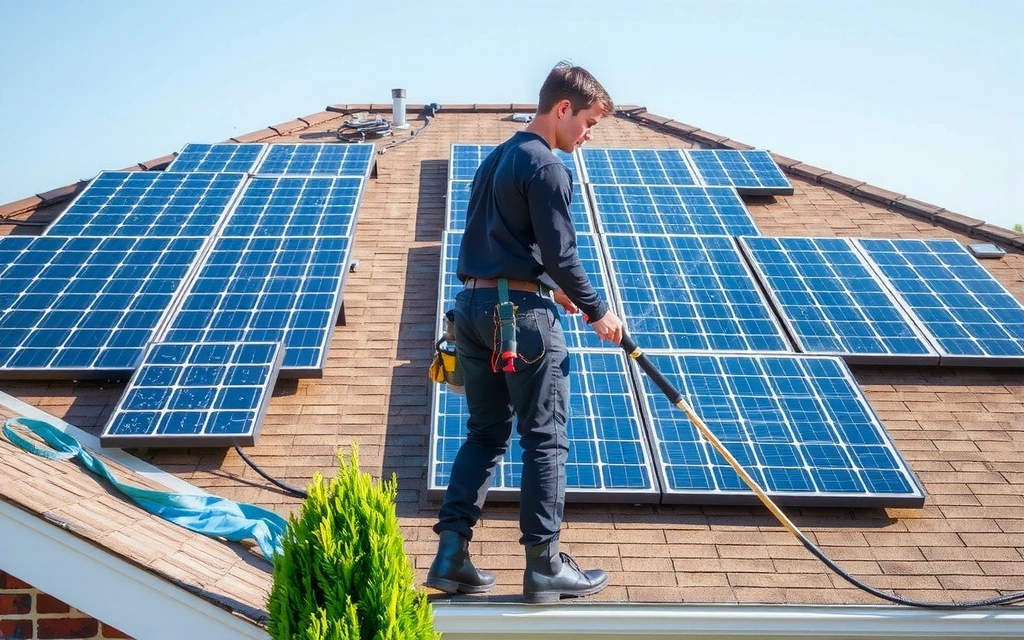 Solar panels on a residential roof being cleaned